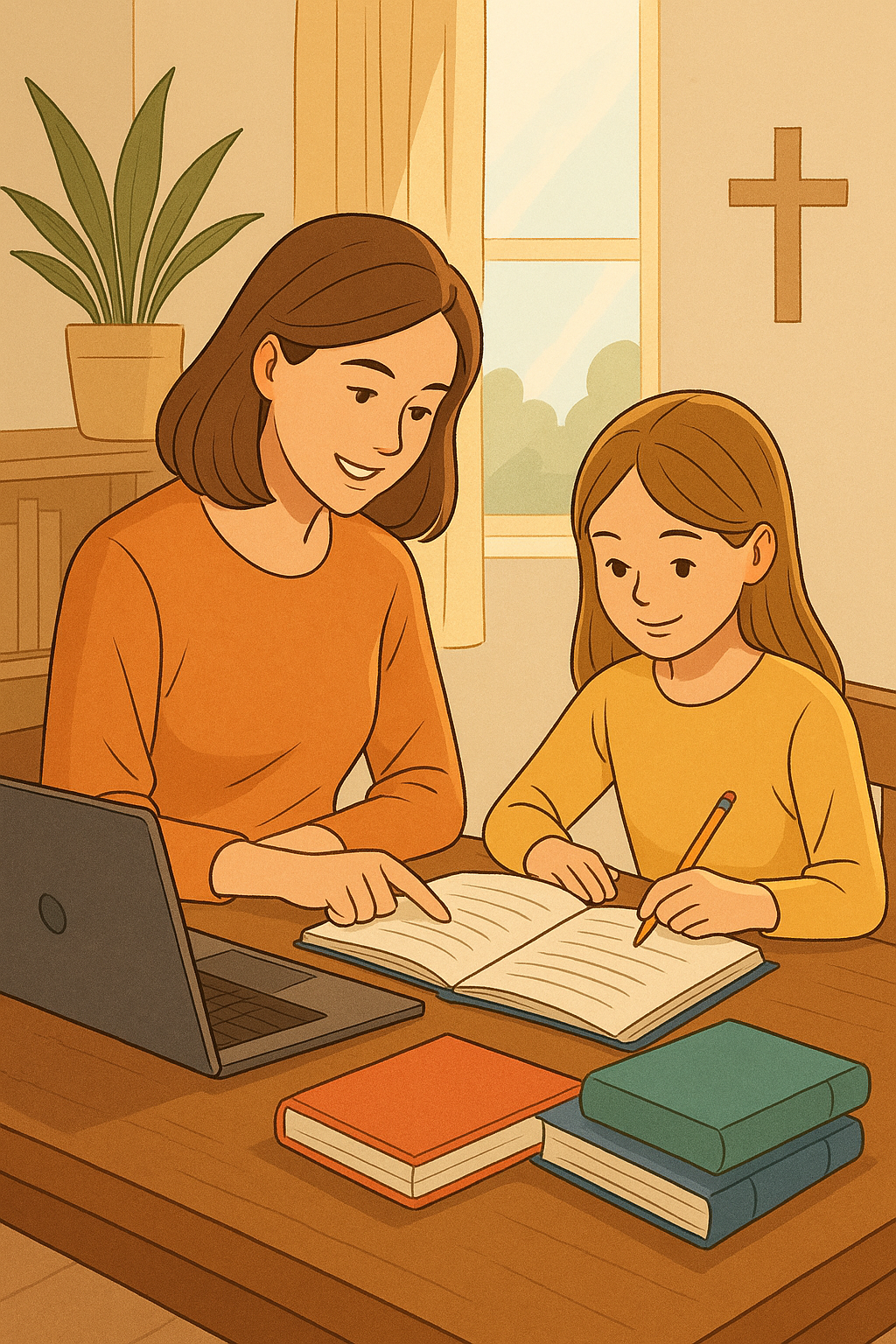 Parent helping a child study at home with books and a laptop